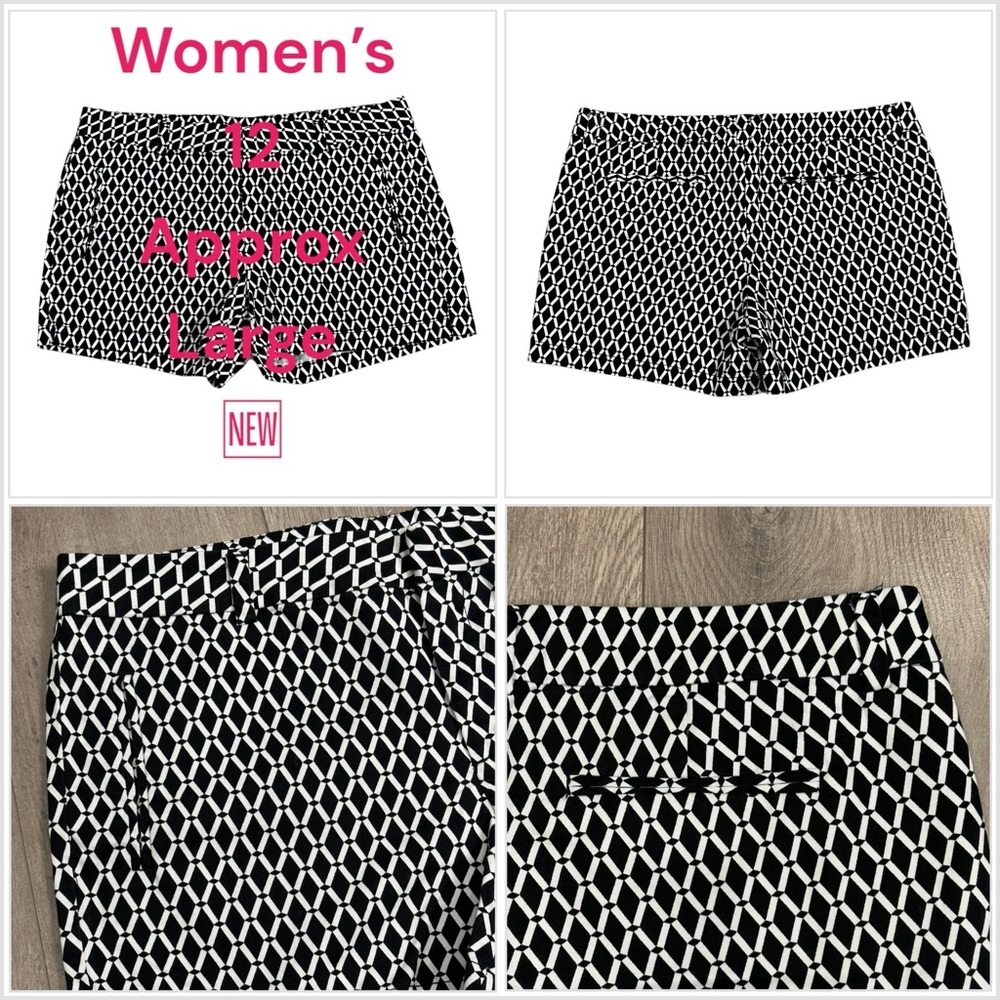 Women's Stylus 12 Large Black White Khakis Chino Shorts Diamond Geometric NWOT
